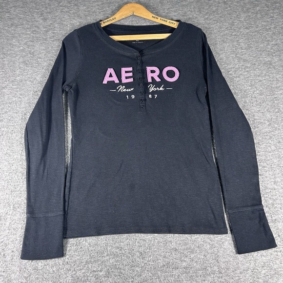 Aéropostale Tops - AEROPOSTALE Womens Black Ribbed Henley AERO Logo XL Long Sleeve Grunge Y2K